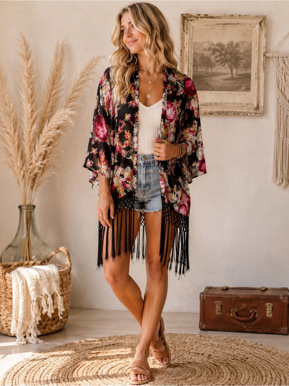 Quinn Black Floral Sheer Kimono with Multicolor Blooms